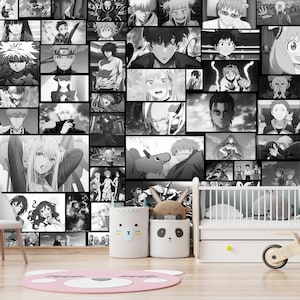 May include: A black and white collage of anime characters. The collage is made up of many different squares, each featuring a different character. The characters are all in various poses and expressions. The collage is a great way to show off your love of anime.