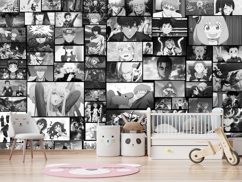 May include: A black and white collage of anime characters. The collage is made up of many different squares, each featuring a different character. The characters are all in various poses and expressions. The collage is a great way to show off your love of anime.