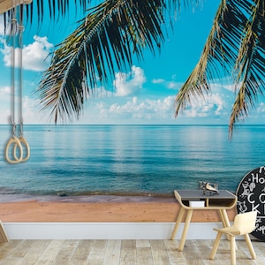 Tropical Beach Ocean Palm Wall Art Mural & Wallpaper Paradise Island Sunset Landscape Nature Peel and Stick Decor Home Room Non Woven