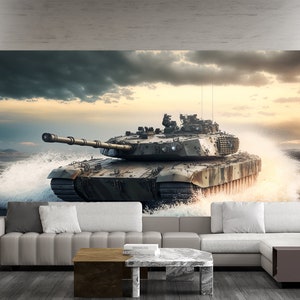 Modern Tank Battlefield Wall Art Mural & Wallpaper Sea Waves Fighting Machine Peel and Stick Wall Decor Home Living Room "generative ai"