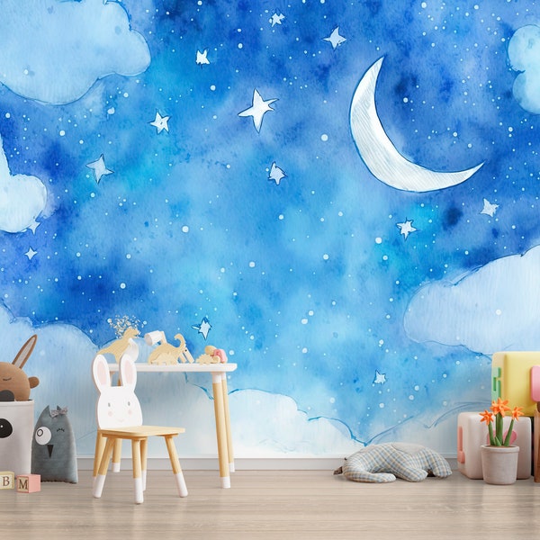 Cloudy Night Sky Kids Moon Wallpaper & Wall Art Mural Starry Sky Watercolor Nursery Kids Peel and Stick Art Wall Decor Custom Size