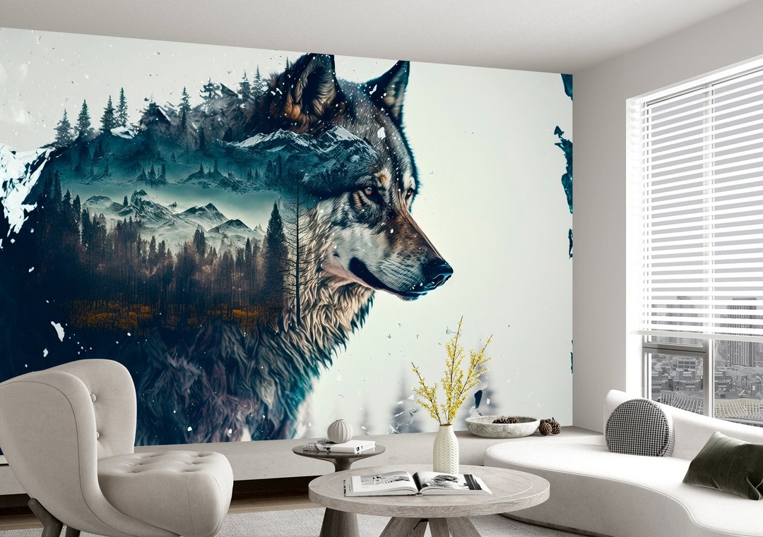 Wolf Winter Forest Mural, Peel and Stick Wallpaper, Custom Size - Etsy