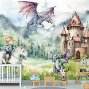 Fairytale Kids Castle Wallpaper & Cute Castle Prince and Princess Mural Fantastic Dragon Room Decor Wall Art Mural Peel and Stick Watercolor