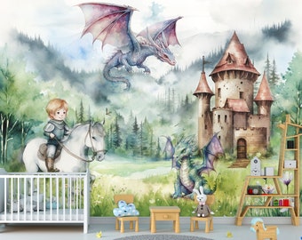 Fairytale Kids Castle Wallpaper & Cute Castle Prince and Princess Mural Fantastic Dragon Room Decor Wall Art Mural Peel and Stick Watercolor