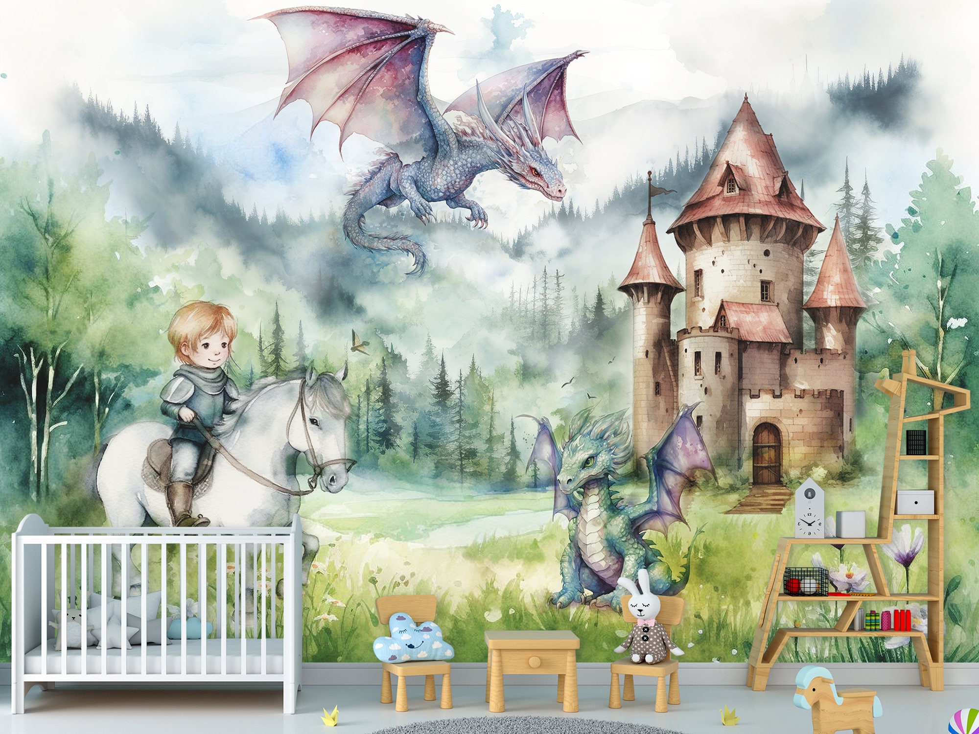 Fairytale Castle Wallpaper Mural: Prince, Dragon, Watercolor (peel and ...
