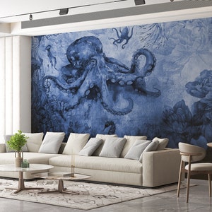 Octopus Wallpaper Undersea Animal Mural Octopus Sea Animals Wall Art Mural Ocenia Sea Underwater Room Decor Peel and Stick