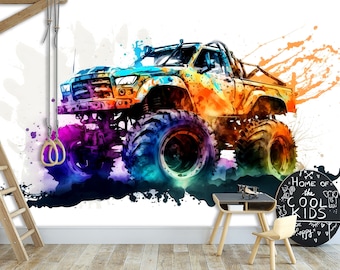 May include: A colorful watercolor illustration of a monster truck with large tires. The truck is painted in shades of blue, orange, yellow, and green. The background is a white canvas with splashes of paint in various colors. The text "Home of the Cool Kids" is written in black on a chalkboard circle.
