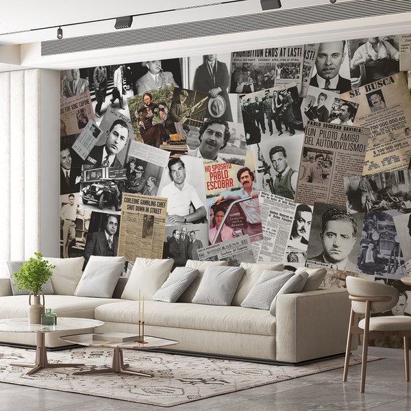 Gangsters and Mafia Newspaper Wallpaper & Wall Art Mural Vintage Crime Bosses Decor Home Room Newspaper Clippings Peel and Stick Custom Size