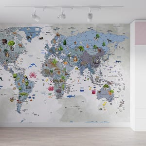 Blaue Weltkarte Wandbild Kinderzimmer Jugendzimmer Schälen und Aufkleben Kindergarten Kindertiere Wallpaper Tapete Benutzerdefinierte Größe