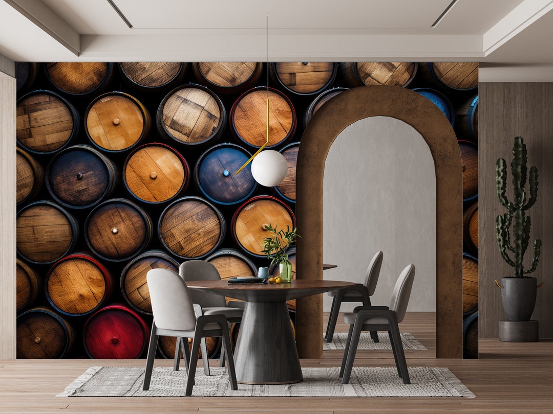 Shelves With Barrels Wine & Wallpaper Wall Art Mural Wine Cellar Vault ...