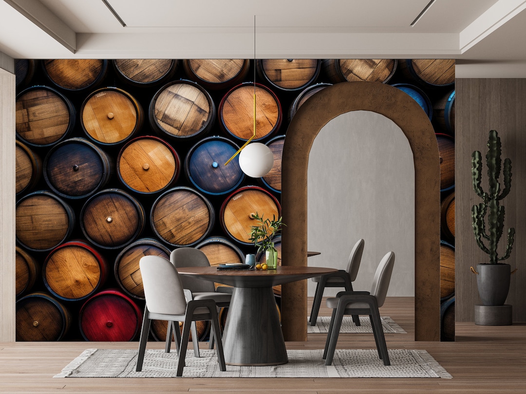 Shelves With Barrels Wine & Wallpaper Wall Art Mural Wine Cellar Vault
