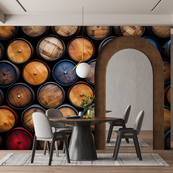 Shelves with Barrels Wine & Wallpaper Wall Art Mural Wine Cellar Vault Oak Barrel Beer Bottles Peel and Stick Decor Home Room