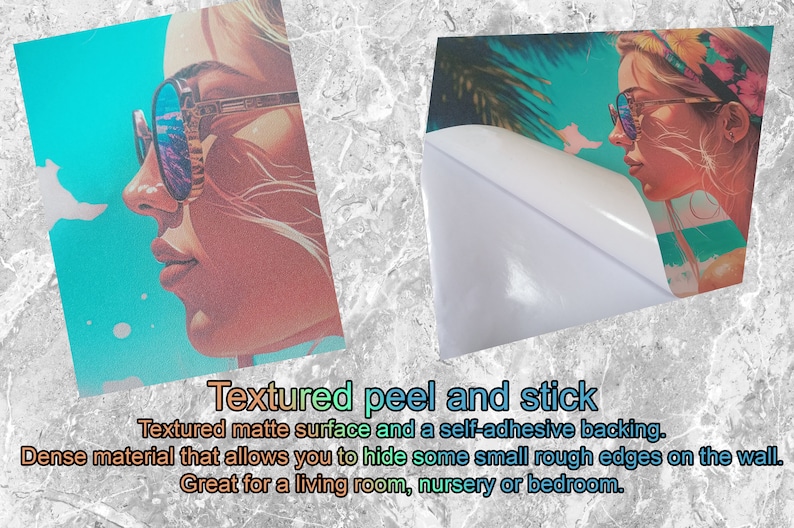 May include: A peel and stick wall decal featuring a woman with sunglasses and a tropical background. The decal has a textured matte surface and a self-adhesive backing. It is great for hiding small rough edges on the wall.