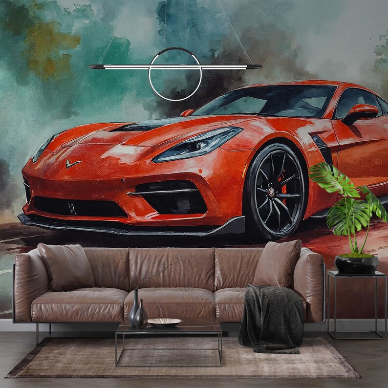 Watercolor Red Sports Car Wall Mural Boys Room Wallpaper Supercar Decor ...