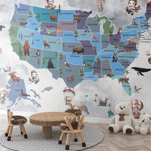 Muurschildering kaart van de kinderkamer van de Verenigde Staten, kinderkamer, kaartmuurschildering Peel And Stick, speelkamer, kleuterschoolbehang Muurschildering kaart van de VS