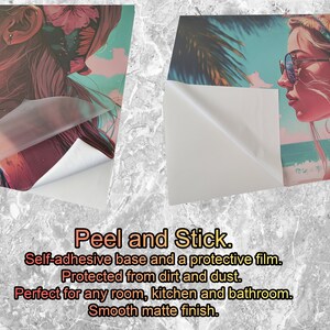 May include: Peel and stick wall art showing a woman with sunglasses and a floral headband, set against a beach scene. It has a self-adhesive base and a protective film, and is protected from dirt and dust.