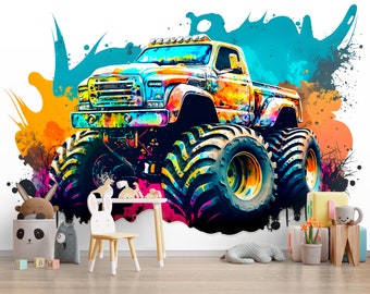 Watercolor Monster Truck Wallpape Art Mural Trucks for Boys Cars Kids Modern Room Decor Children Peel and Stick Self Adhesive Custom Size