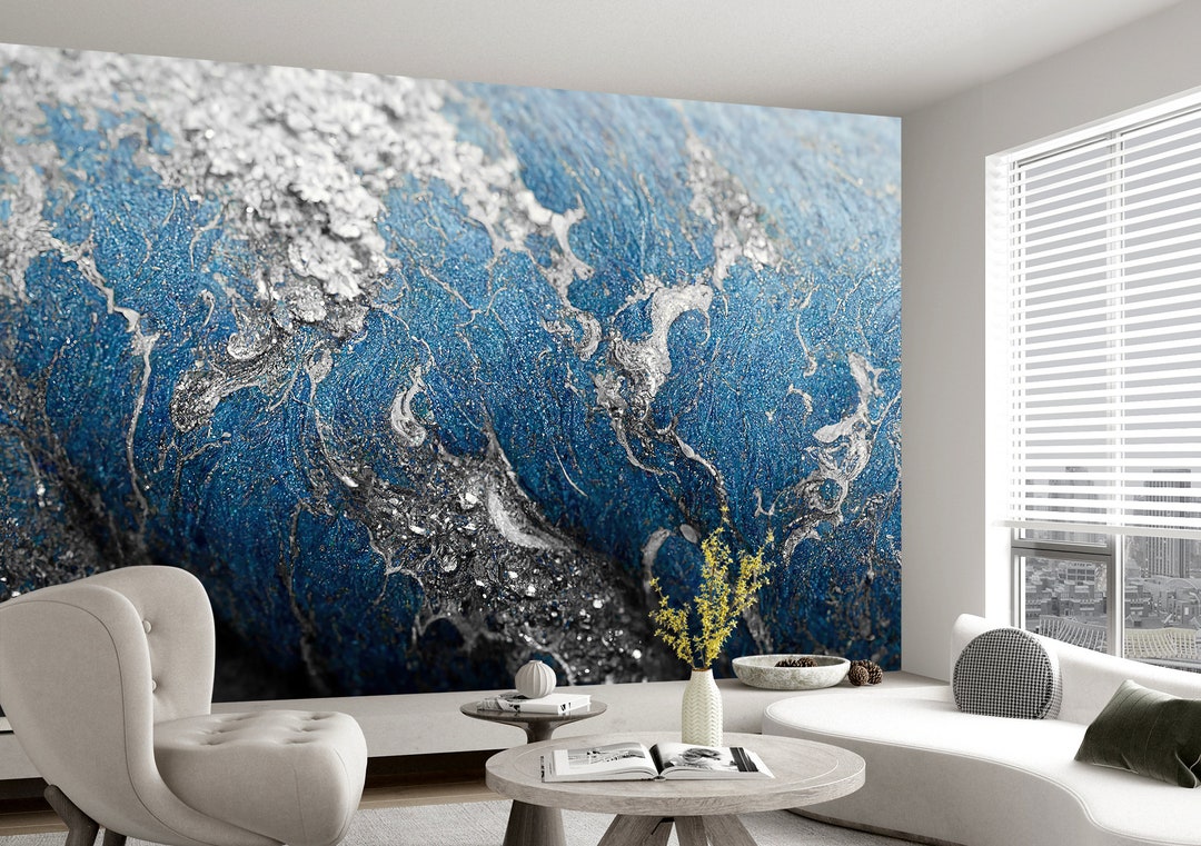 Marble Blue & Silver Abstract Wall Art Mural Abstract Wallpaper Modern