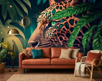 Mural de pared de jaguar de la jungla oscura, papel tapiz tropical oscuro, acento para sala de estar
