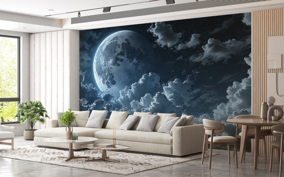 Night Sky Wallpaper Moon Clouds Wall Art Mural Moon Space and