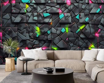 Papel pintado geométrico para videojuegos y mural de pared con cubos, decoración de alta tecnología para sala de juegos, sala de estar o sala de adolescentes. Autoadhesivo y de tamaño personalizado.