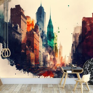 Watercolor Cityscap Skyline Wall Art Mural & Wallpaper Landscape Skyscraper Splashes Modern City Wall Art Peel and Stick Decor Home