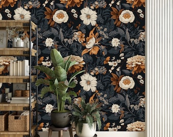 Schwarze Fototapete mit Blumenmuster, Vintage-Botanik-Dekor zum Aufkleben