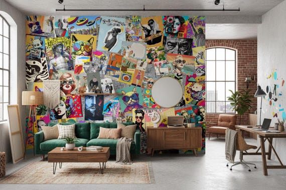 Pop Art Collage Wallpaper, Retro Eclectic Street Art Mural, Maximalist Home Office Decor