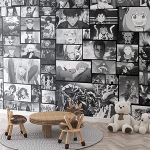 May include: A black and white collage wallpaper featuring various anime characters. The wallpaper is displayed in a room with a wooden table and four wooden chairs with furry seats.