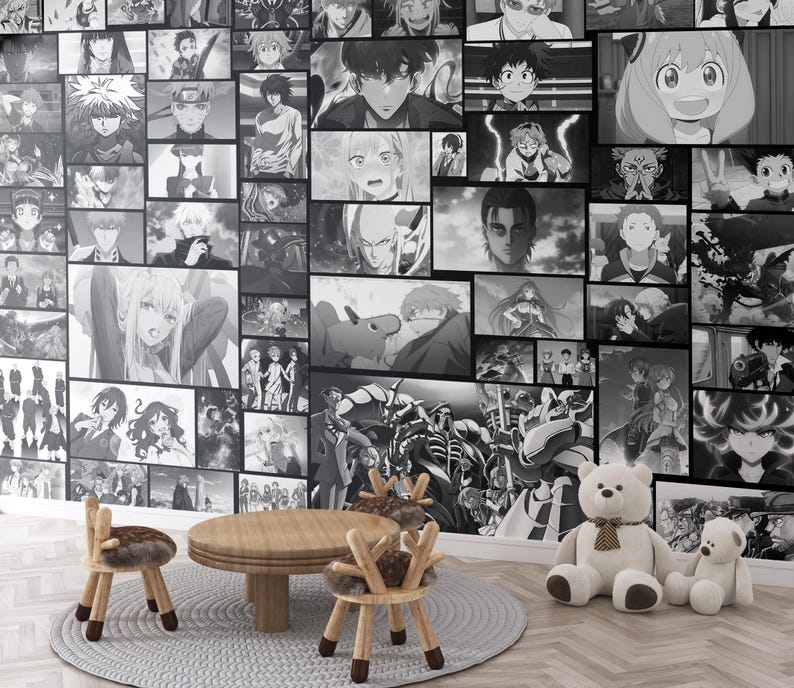 May include: A black and white collage wallpaper featuring various anime characters. The wallpaper is displayed in a room with a wooden table and four wooden chairs with furry seats.