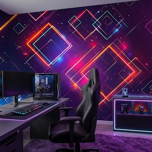 Cyberpunk Neon Geometric Wallpaper Mural, Futurist Retro Sci-Fi Wall Art, Gaming Room Decor
