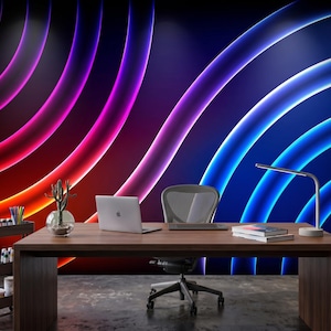 May include: A wall mural featuring large, glowing concentric circles in vibrant shades of red, magenta, and blue against a dark background. The design creates a neon light effect with smooth, curved lines that span across the entire wall surface.