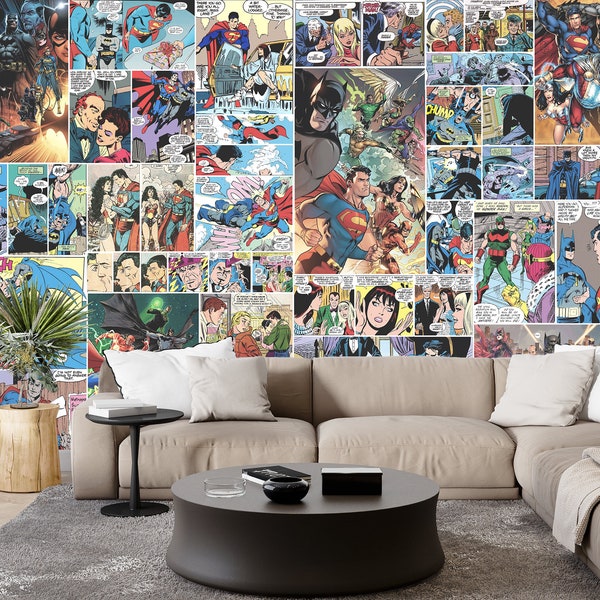 Superhero Comic Wallpaper & Wall Mural Collage Retro Vintage Comics Pop Art Kids Decor Room Peel and Stick Gift for Kids