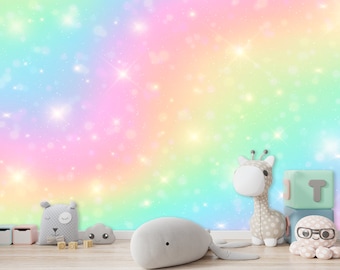 Regenbogen Sterne Wallpaper Wandbild, Pastell Aquarell Schälen und Stick, Mädchen Raum Dekor