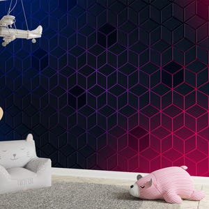 Geometric Hi-Tech Wallpaper Abstract Gaming Wall Mural Peel and Stick Hexagonal Neon Wall Mural Art Red Blue Wall Decor Playroom Kids Mural