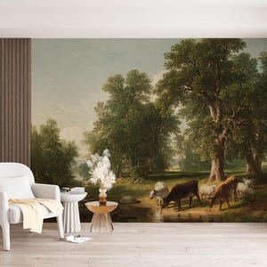 Pastoral Landscape Wall Mural Vintage Farm Scene with Cows and Trees Rustic Nature Wallpaper Farmhouse Retro Peel and Stick Decor Home Mural