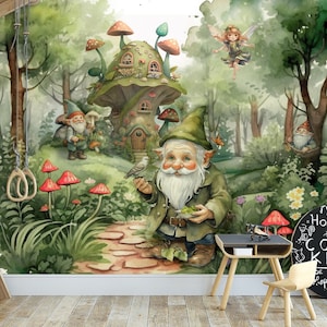 Papel pintado de gnomos en el bosque mágico y acuarela para niños, cuento de hadas, decoración fantástica para habitación infantil, arte mural de pared, despegar y pegar