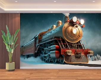 Polar Express Train Wall Art Mural Steam Engine & Wallpaper Peel and Stick Locomotive Wallpaper Wall Mural Art Wall Decor Home Living Room