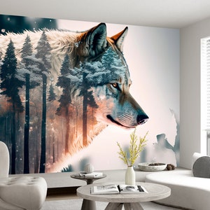 Wolf Winter Forest Wall Art Mural & Wallpaper Foggy Forest Snowfield Wolves Animal Peel and Stick Decor Home Room Custom Size