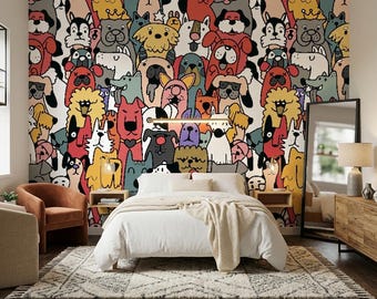 May include: A bedroom with a colorful dog-themed wallpaper. The room features a bed with white bedding, a beige throw blanket, and a patterned rug. There are two nightstands, a mirror, and a wooden dresser. A window and two chairs complete the room.