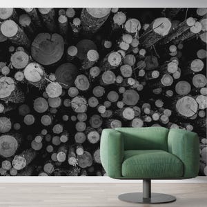 Tree Logs Wallpaper Black and White Rustic Wood Mural for Modern, Scandinavian, or Nature-Inspired Interior Wall Decor Mural
