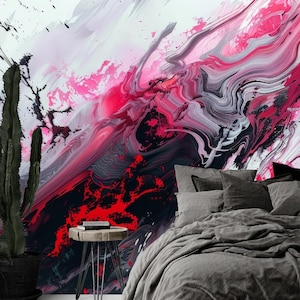 Abstract Pink and Black Mural Wallpaper Modern Marble Wall Mural Aesthetic Bedroom Art Print Peel and Stick Wallpaper Decor