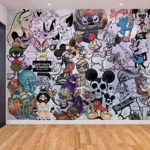 Papel tapiz de dibujos animados de grafiti y mural de arte de pared Personajes de grafiti Dibujos animados Sala de estar urbana Arte pop callejero Decoración despegable y adhesiva Habitación del hogar
