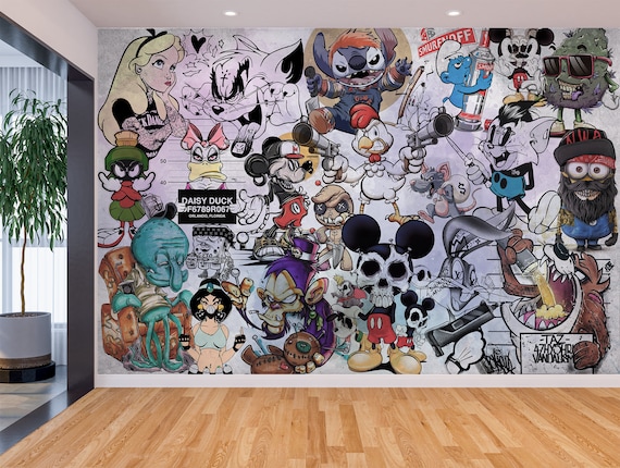 Graffiti Cartoon Wallpaper Wall Art Mural Graffiti Characters Cartoon Urban Living Room Street Pop Art Peel and Stick Decor Home Room Etsy UK