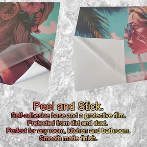 May include: Two peel and stick wall decals featuring a woman with sunglasses and a tropical background. The decals have a self-adhesive base and a protective film to protect them from dirt and dust. The text "Peel and Stick" is visible on the bottom of the image.