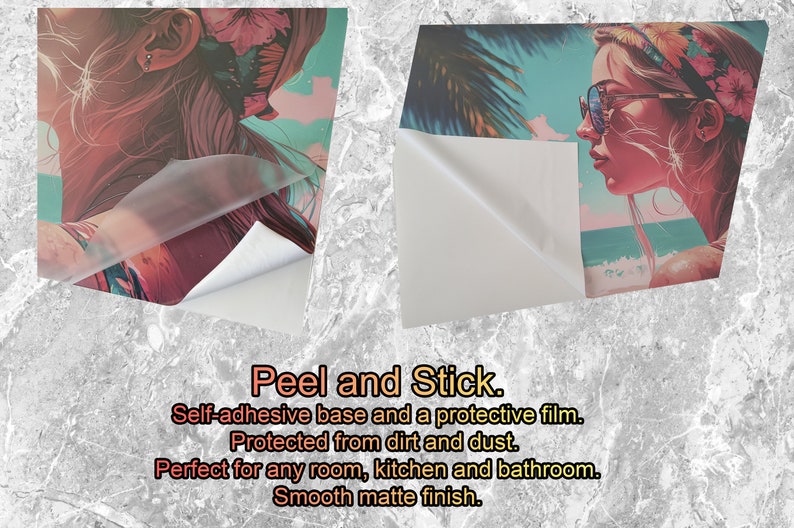 May include: Two peel and stick wall decals featuring a woman with sunglasses and a tropical background. The decals have a self-adhesive base and a protective film to protect them from dirt and dust. The text "Peel and Stick" is visible on the bottom of the image.