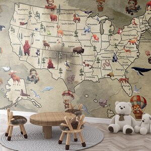 Vintage kaart VS Behang Speelkamer Kinderkaart Muurschildering Kamerbehang Peel And Stick Retro Kinderbehang Muurschildering kaart VS