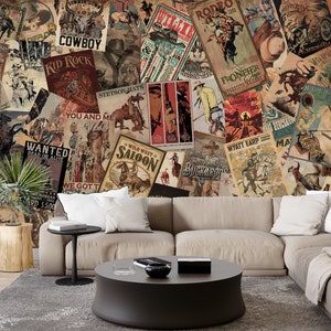 Carta da parati vintage con collage western e poster in stile fumetti retrò, murale da parete in stile cowboy rodeo, decorazione da staccare e attaccare in stile art déco del sud-ovest.