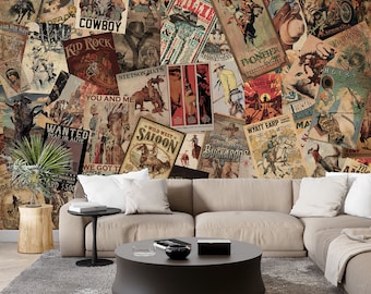 Western Vintage Collage Wallpaper & Retro Comics Style Posters Cowboy Rodeo Wall Art Mural Southwestern Art Deco Peel and Stick Decor