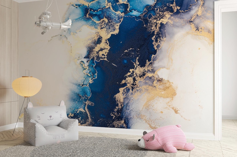 Blue & Gold Marble Wall Mural, Modern Abstract Art (peel and Stick ...